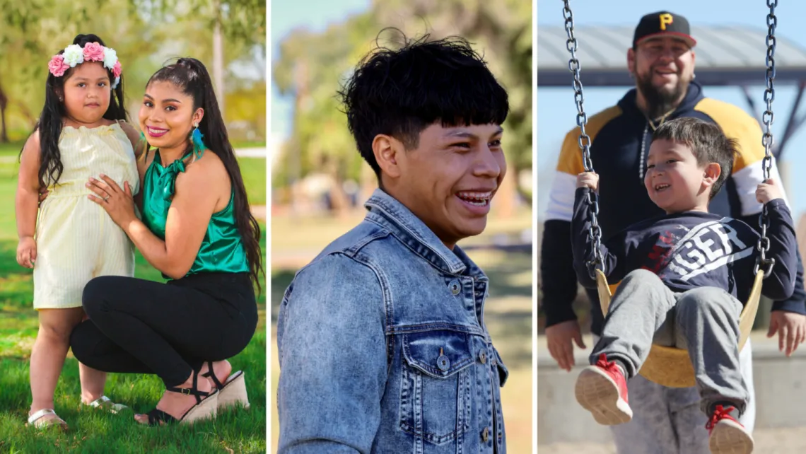 Triptych with photo of child with woman, boy in denim jacket, man in baseball cap pushing child on swing